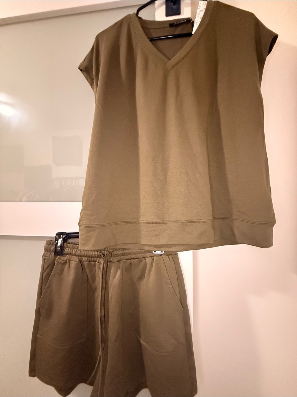 Olive Green V-Neck Top and Drawstring Shorts Set